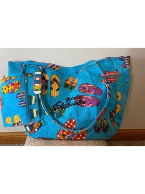 St. Martin Tote Bag Blue Flip-Flop Print 100% Cotton Zipper & Side Pocket